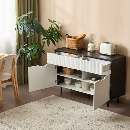 Aufbewahrungsschrank 120cm mit geriffelten Schubladen, schwarz-weißes Design, verstellbare Einlegeböden, 2 Türen, Sideboard-Buffet, Schrank-Organisator für Küche, Wohnzimmer, Esszimmer