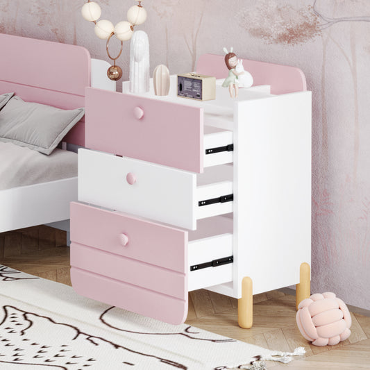 Nachttisch mit 3 Schubladen mit Einlegeböden, Geräuschloses Schubladendesign, Exquisite Holzfarbene Füße, Stauraum im Wohn- und Schlafzimmer, Einzigartige Form und Minimalistisches Design, Rosa