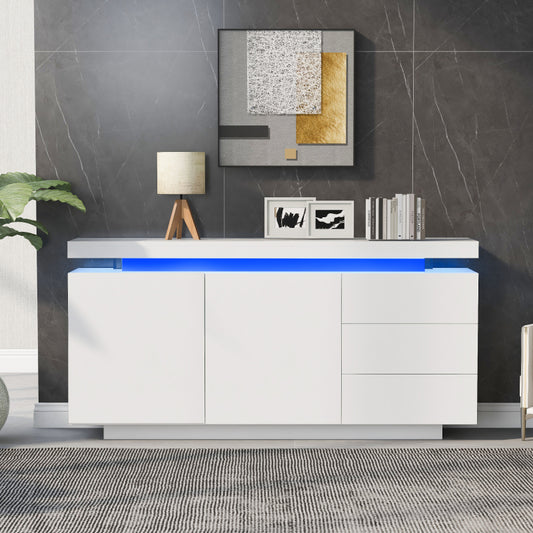 Sideboard Schrank Modern Wohnzimmer Beistellschrank Standschrank Kommode Highboard Anrichte Möbel 2 Türen 3 Schubladen Hochglanz Sideboard mit LED Licht Grifflose 140x35x72.5cm - Weiß