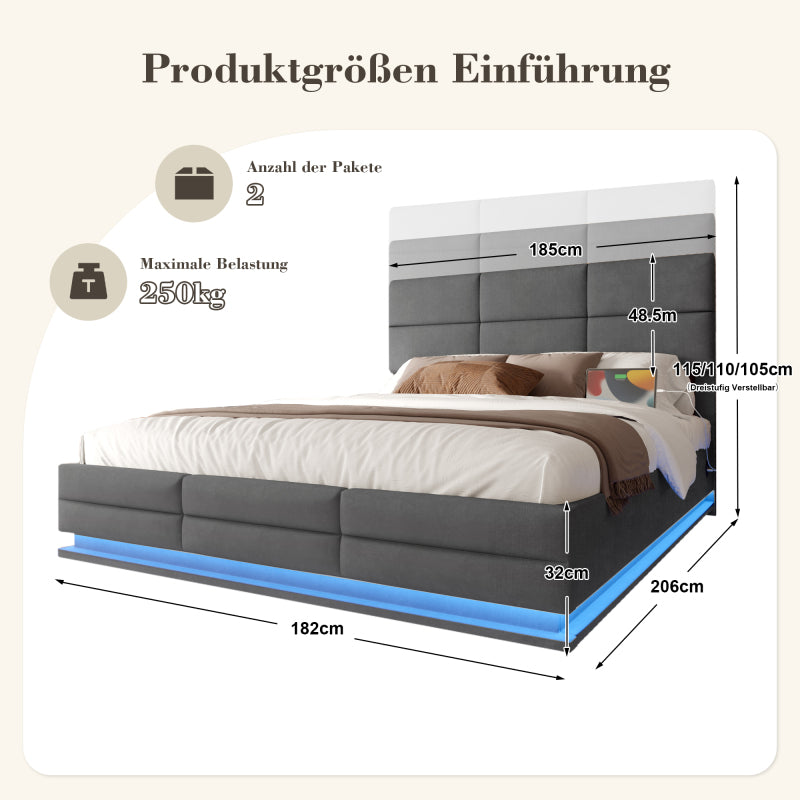 180x200 cm Modernes Velours-Polsterbett mit höhenverstellbarem Kopfteil - Inkl. USB/Type-C-Anschlüssen, LED-Ambientebeleuchtung, hydraulischem Lift-System & XXL-Stauraum (ohne Matratze) - Grau