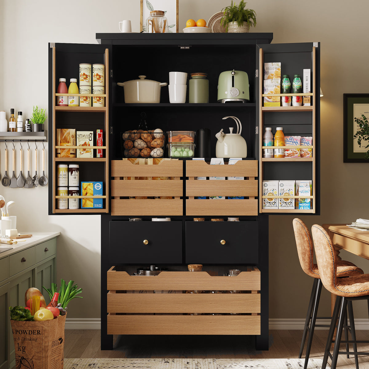 Küchenschrank 140cm hoch, Buffet-Schrank mit 2 Türen & 5 Schubladen, Mehrzweckschrank Schwarz, Sideboard Vorratsschrank mit Kippschutz, 80x40cm