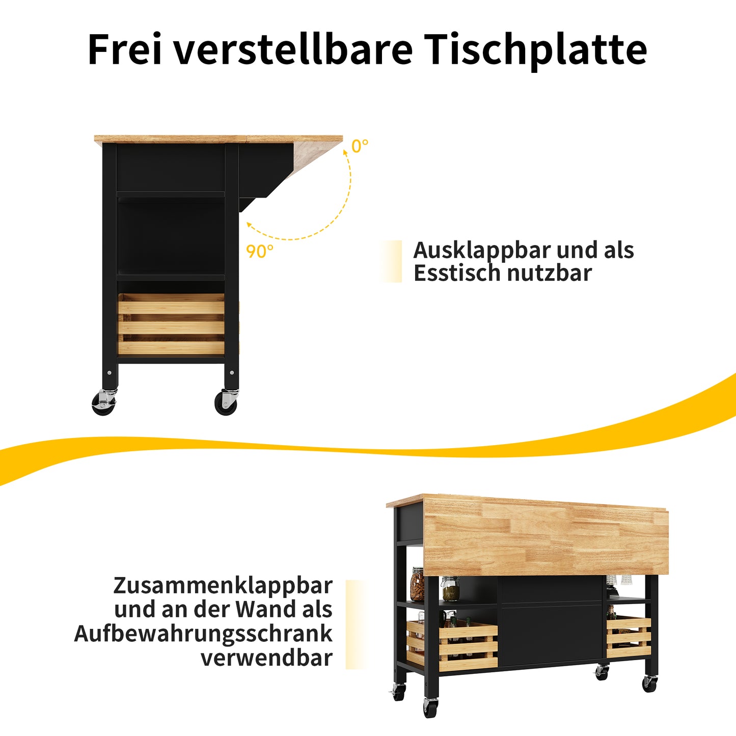 Moderne Kücheninsel Küchenschrank mit Kiefernkorb 120x45x90cm Multifunktions Esstisch Servierwagen Holzmaserung Aufbewahrungskorb Schwarz