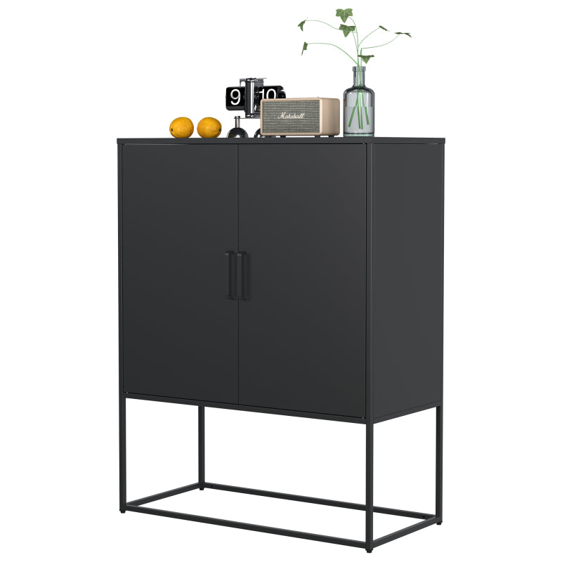 Metall-Sideboard,Lagerschrank– 2 Regale, freistehender Stahlschrank, Magnettüren, Anti-Kipp-Sicherung, Wohnzimmer, Küche, Büro, Schwarz, H 109 cm × B 85 cm × T 40 cm