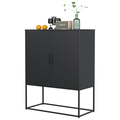 Metall-Sideboard,Lagerschrank– 2 Regale, freistehender Stahlschrank, Magnettüren, Anti-Kipp-Sicherung, Wohnzimmer, Küche, Büro, Schwarz, H 109 cm × B 85 cm × T 40 cm