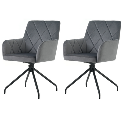 2er Set 360° Drehbarer Esszimmerstühle mit Rautenmuster,Gepolsterter Sessel mit 4 Metallbeinen,Moderner Lounge-Stuhl,Wohnzimmerstuhl   für Shlafzimmer,Arbeitzimmer,Lendenwirbelstütze,Samt,anthrazit