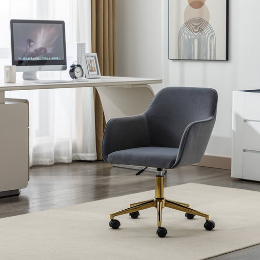 Neuer höhenverstellbarer Drehstuhl aus Samtstoff für das Büro im Innenbereich mit goldenen Beinen, grau