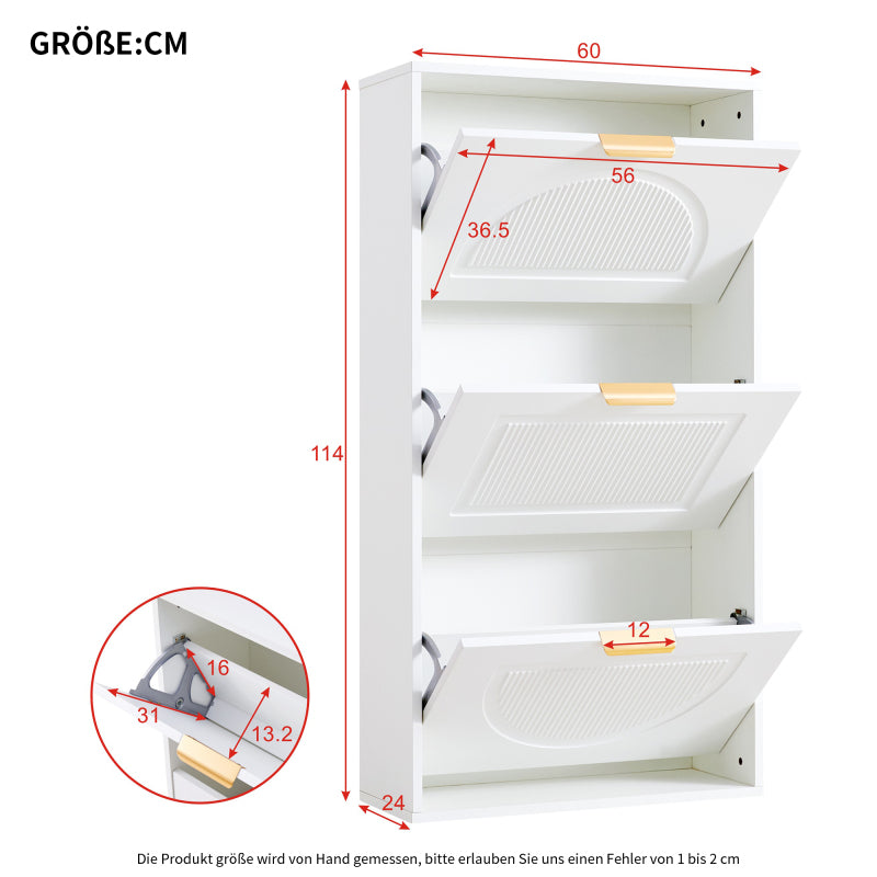 Schuhkipper Schmal mit 3 Klappen, Schuhschrank, Schuhschrank  Schuhkommode für Flur Wohnzimmer ,Weiß