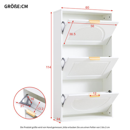 Schuhkipper Schmal mit 3 Klappen, Schuhschrank, Schuhschrank  Schuhkommode für Flur Wohnzimmer ,Weiß