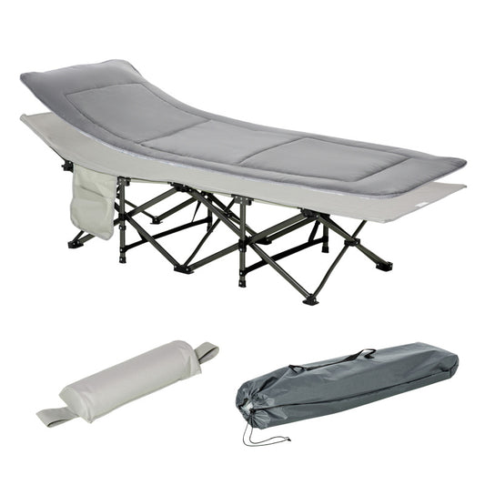 Campingbett Klappbares Feldbett mit Kopfkissen und Seitentasche, Matratze in Hellgrau, belastbar bis 150kg