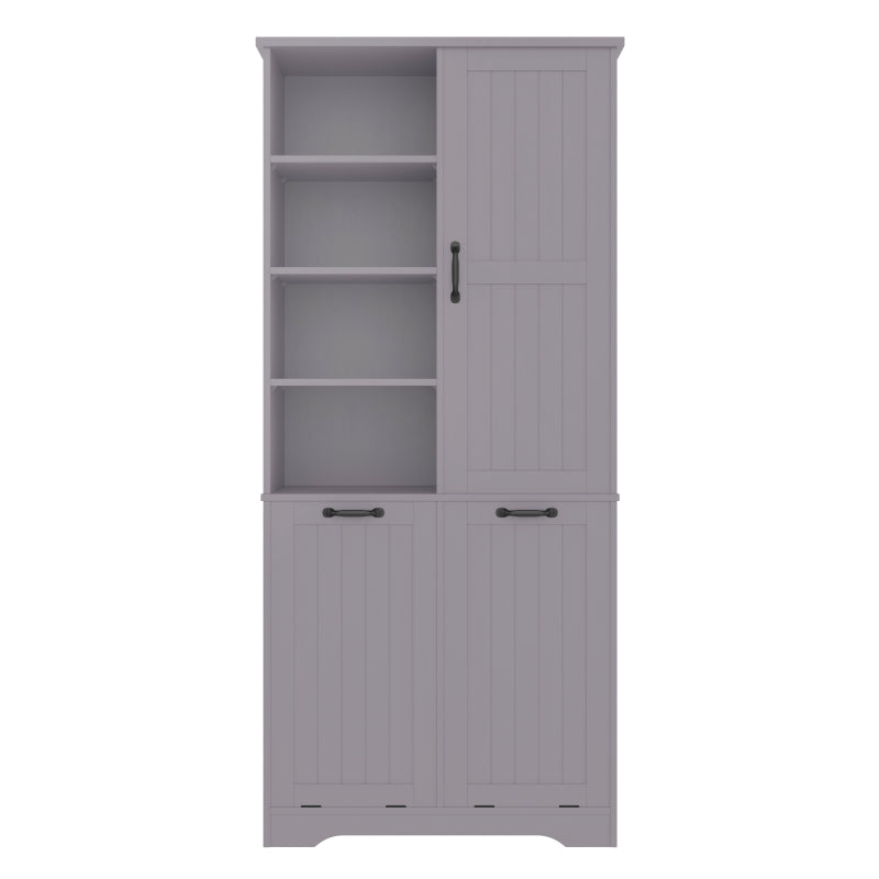 78 x 35 x 172 cm Badezimmerschrank, feuchtigkeitsbeständige Farbe, doppelter Wäschekorb, vier offene Fächer, eine Tür, drei Fächer in der Tür, verstellbare Regale, viel Stauraum, Grau