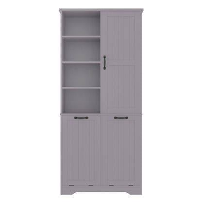 78 x 35 x 172 cm Badezimmerschrank, feuchtigkeitsbeständige Farbe, doppelter Wäschekorb, vier offene Fächer, eine Tür, drei Fächer in der Tür, verstellbare Regale, viel Stauraum, Grau