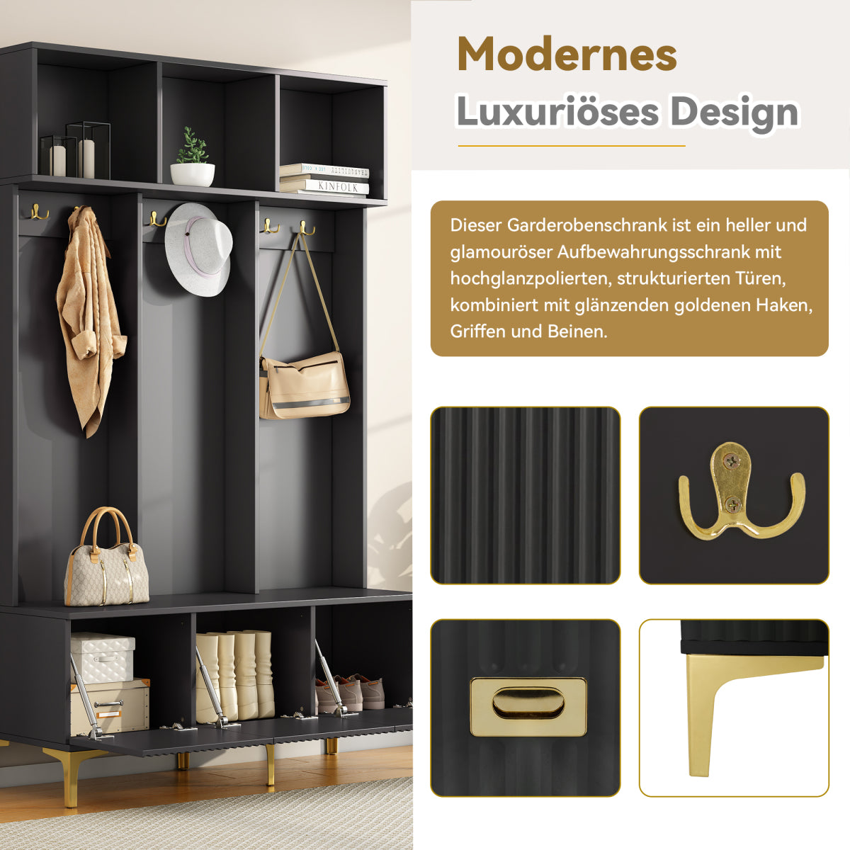 Garderoben-Set mit Sitzbank, Schuhschrank & goldenen Details, Flurbaum aus Metall & Spanplatte, Schwarz, 120x191,5x23,5 cm