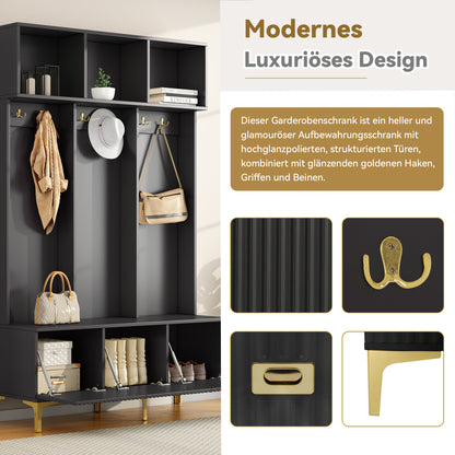 Garderoben-Set mit Sitzbank, Schuhschrank & goldenen Details, Flurbaum aus Metall & Spanplatte, Schwarz, 120x191,5x23,5 cm