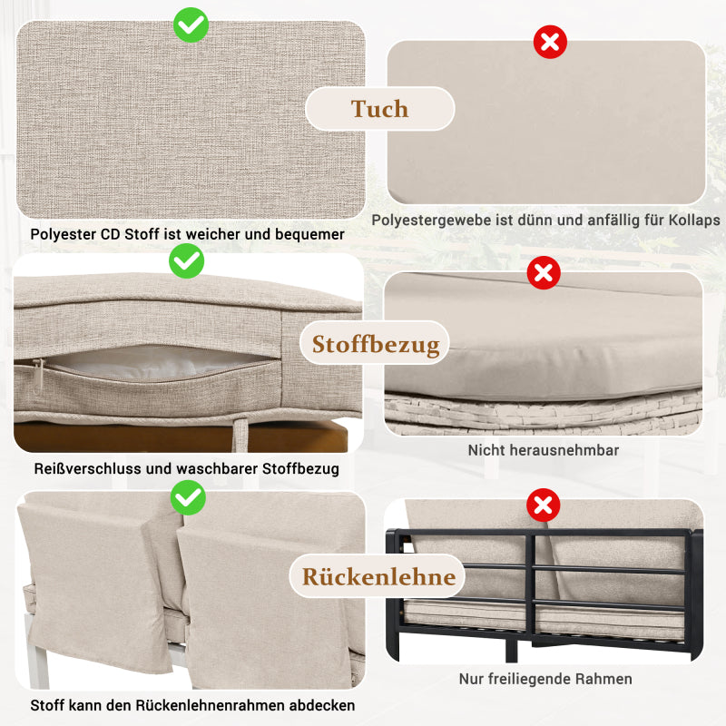 Garten-Loungesessel-Set, Gestell aus verzinktem Stahl, (2x Zweisitzer, 2x Beistelltische, 1x Tisch), Akazienholzplatte, Stoffbezug zur Bespannung der Rückenlehne, beige(previous sku:HW00005AAW)