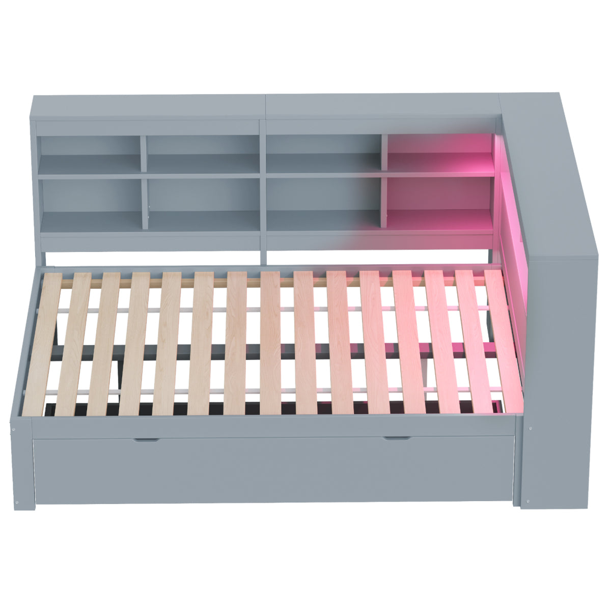 Massivholz-Doppelbett 140x200 Weiß mit LED & USB - Multifunktionales Sofa-Bett mit großen Schubladen, Ablagefächern & viel Stauraum, Grau