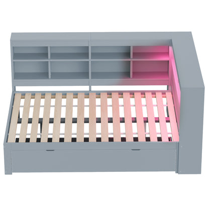 Massivholz-Doppelbett 140x200 Weiß mit LED & USB - Multifunktionales Sofa-Bett mit großen Schubladen, Ablagefächern & viel Stauraum, Grau
