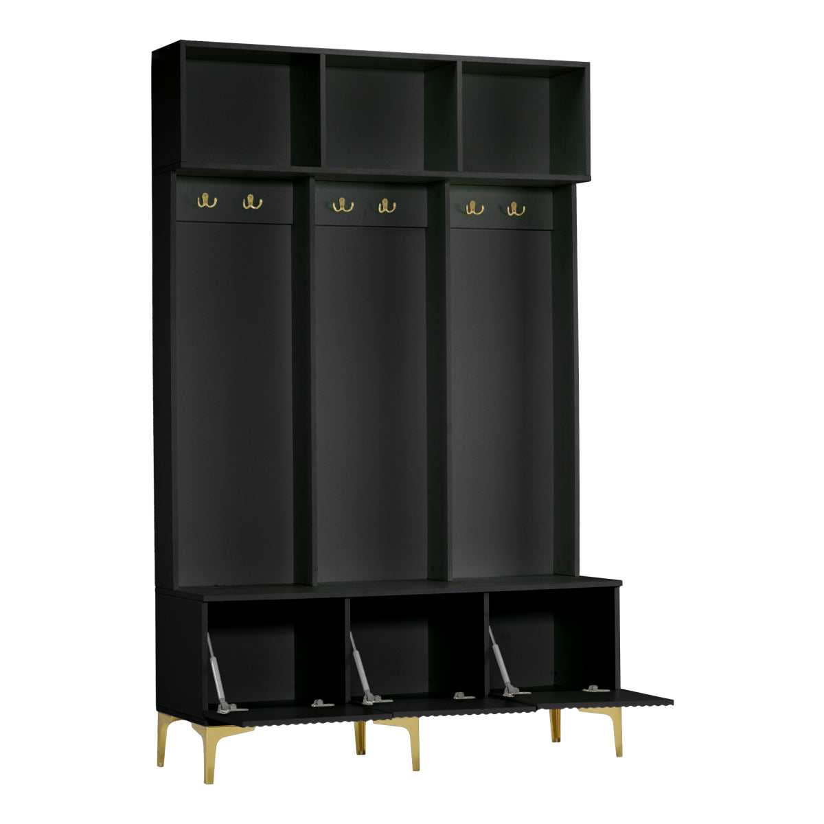 Garderoben-Set mit Sitzbank, Schuhschrank & goldenen Details, Flurbaum aus Metall & Spanplatte, Schwarz, 120x191,5x23,5 cm