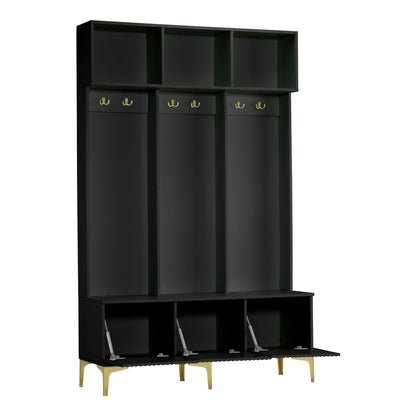 Garderoben-Set mit Sitzbank, Schuhschrank & goldenen Details, Flurbaum aus Metall & Spanplatte, Schwarz, 120x191,5x23,5 cm