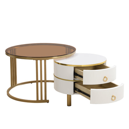 2-in-1 runder Couchtisch aus MDF, Beistelltisch mit 1 weißen Platte und 1 braunen Platte aus gehärtetem Glas, Couchtischkombination mit 2 Schubladen für das Wohnzimmer, 70*70*45 + 50*50*40 cm