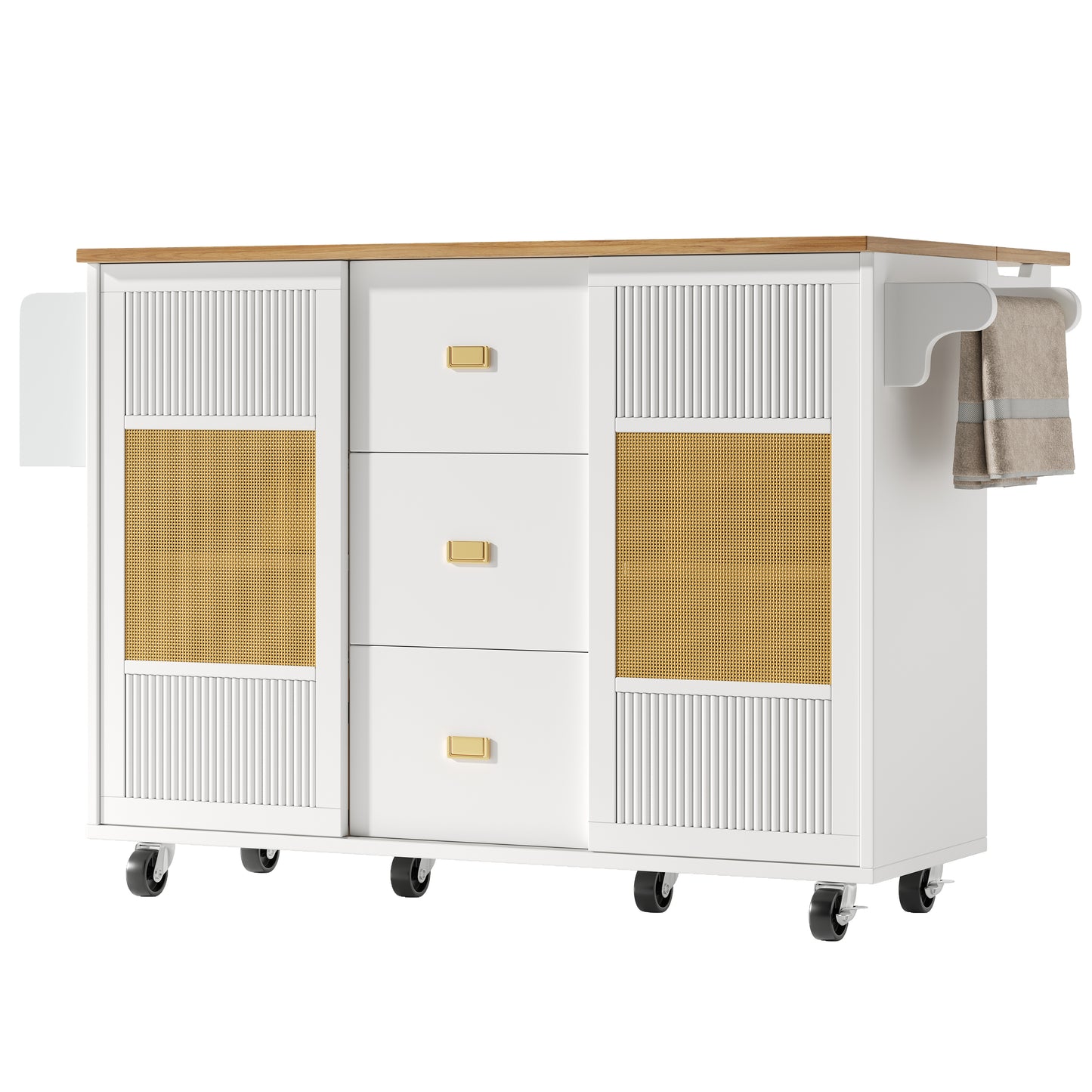 Kücheninsel Küchenwagen auf Rollen mit ausziehbarer Arbeitsplatte Küchenschrank weiß 120x73x90cm Buffetschrank Gewürzregal Handtuchhalter verstellbar