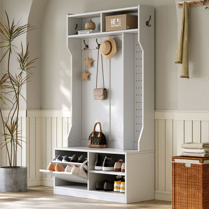 Garderobenset, Komplett-Set Flurgarderobe mit Sitzbank, 6 Haken, 1 Türen & 4 Offener Lagerraum, Weiß