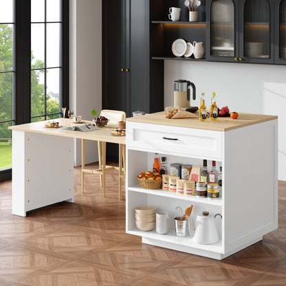 Bartisch ausziehbar 133-202cm, Kücheninsel mit Marmor-Optik & Stauraum, Esstisch für 2-6 Personen, Küchenwagen mit Schubladen & Regalen, Weiß