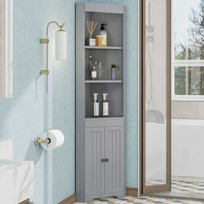 Badezimmer-Hochschrank, Drei offene Ablagefächer, Feuchtigkeitsgeschützte Flügeltüren, Verschiebbare Einlegeböden, Schlichte Form, grau
