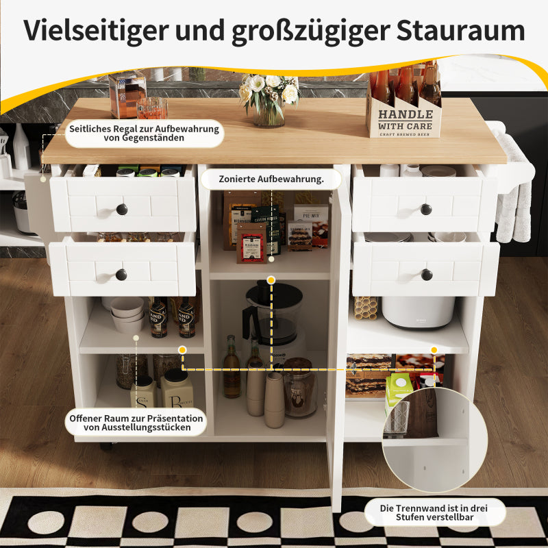 Moderne Kücheninsel (127×46×91,5cm) Küchenschrank Essschrank mit Holzmaserung Esswagen mit multifunktionalem Stauraum und herausnehmbaren Trennwänden, weiß