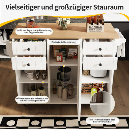 Moderne Kücheninsel (127×46×91,5cm) Küchenschrank Essschrank mit Holzmaserung Esswagen mit multifunktionalem Stauraum und herausnehmbaren Trennwänden, weiß