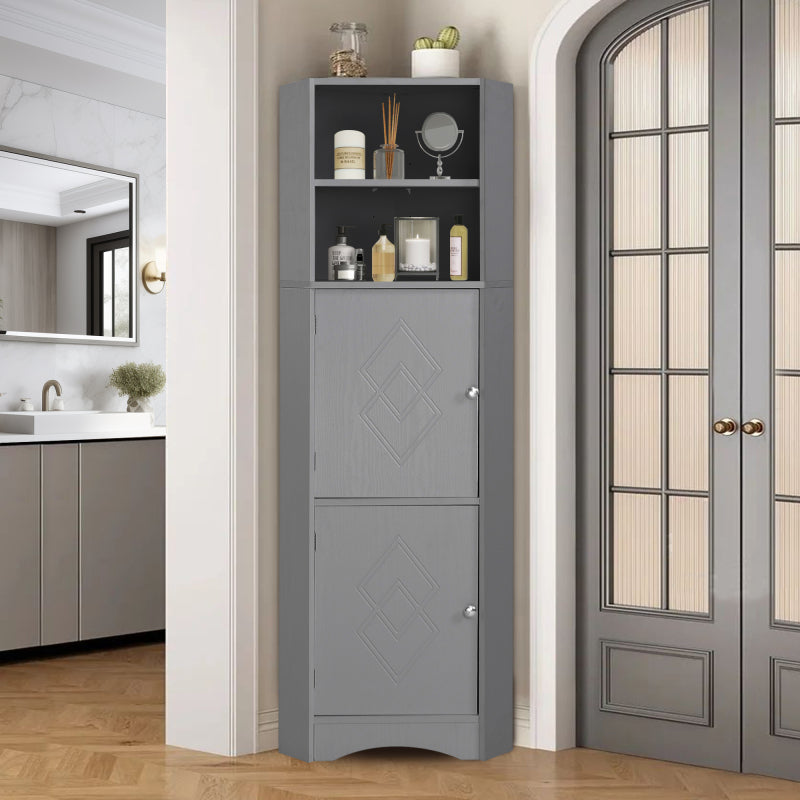 Badschrank, Badmöbel, Eckschrank mit zwei Ablagefächern, offenes Fach mit verstellbarem Einlegeboden, 36.5x 36.5 x 155 cm, hellgrau