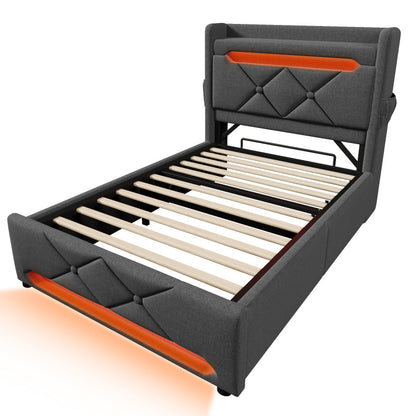 Polsterbett Einzelbett 90*200, Stauraum Kopfteil mit USB und Typ C-Port ,360-Surround-LED-Funktion rund um Kopf- und Fußende des, Betten mit Hydraulisch Stauraum, Grau , Leinen(Mit Matratze)