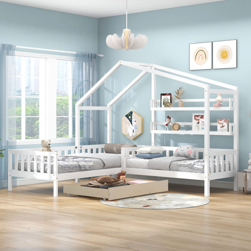 Kinderbett Hausbett mit Schubladen und Regalen, Massivholz mit Zaun und Lattenrost, L-Struktur, Weiß (90x200 cm+140x70cm)