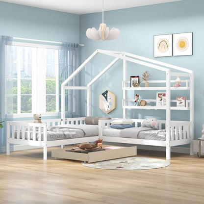 Kinderbett Hausbett mit Schubladen und Regalen, Massivholz mit Zaun und Lattenrost, L-Struktur, Weiß (90x200 cm+140x70cm)