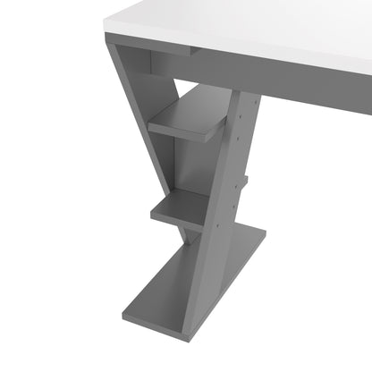 Einfacher Schreibtisch, Schreibtisch mit X-förmiger Halterung, Lagerregal mit sechs Positionen, stilvoll und robust, Grau + Weiß