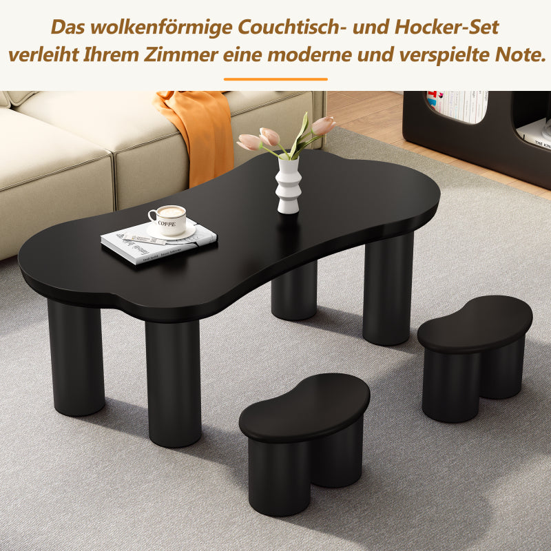 Unregelmäßiger Couchtisch in Knochenform mit 2 kleinen Bänken, großer Couchtisch L 113 cm, B 58 cm, H 40,5 cm, Tischplatte aus MDF und Beine aus PVC mit Filzboden, unregelmäßiger Couchtisch