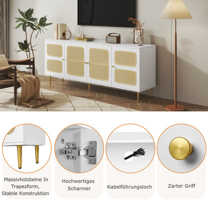 Eleganter Weißer Rattan-TV-Schrank 180x40x72 cm - Mit 4 Rattantüren, Höhenverstellbaren Regalen und Kabelmanagement, Für bis zu 80 Zoll Fernseher,TV-Schränke,Lowboards