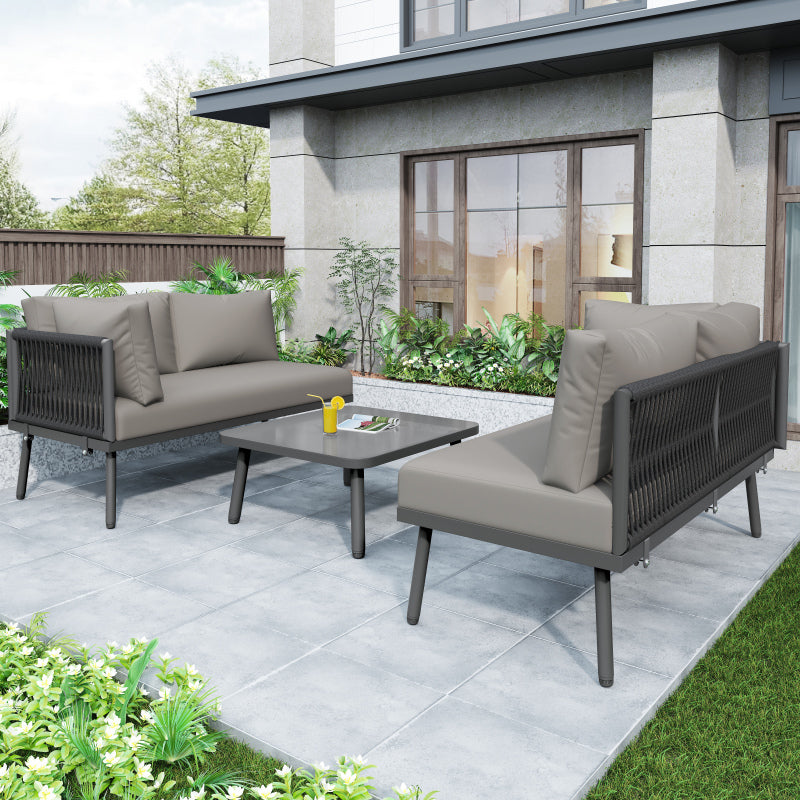 Garten-Lounge-Set aus Eisen, Gartenmöbel-Set aus grauem Seil, L-förmiges Gartenmöbel-Set, Lounge-Set aus grauem Seil mit Sitzkissen, verstellbaren Füßen, 2 Sofas und 1 Tisch