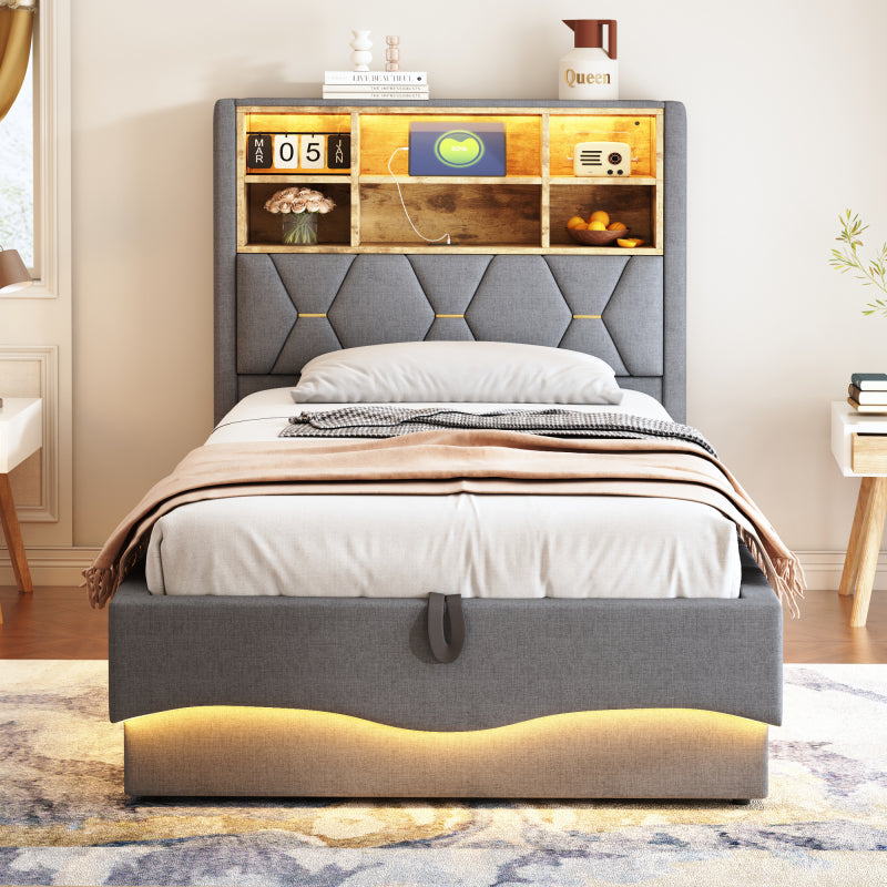 Kinderbett 90x200cm mit hydraulischem Stauraum APP-gesteuertes LED-Lichtband USB-Ladeanschluss Metall-Lattenrost Leinenpolsterung Grau