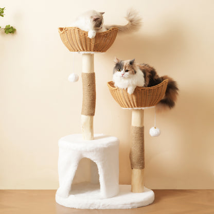 Katzenbaum aus Massivholz mit 2 Körben & Höhle, Naturholz & Sisal, mit Plüschball & dickem Kissen – Nachhaltig 108cm