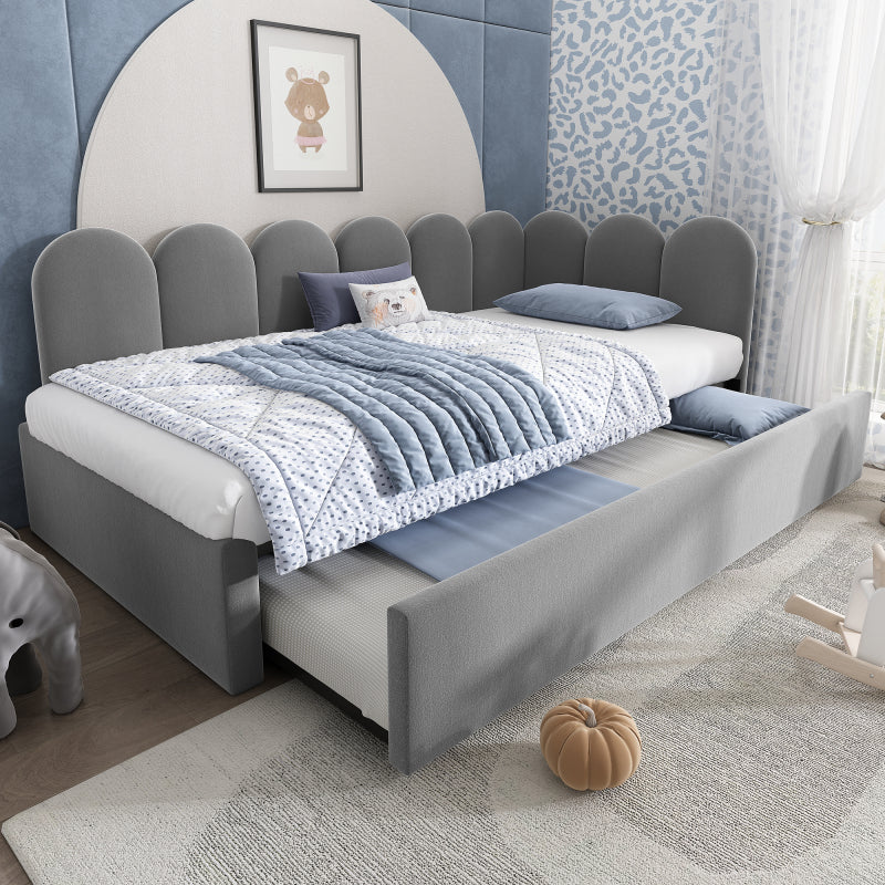 Polsterbett Daybett 90x200cm,Tagesbett Schlafsofa Kinderbett mit Ausziehbett 90x190cm und Lattenrost, Samt, Grau, ohne Matratze