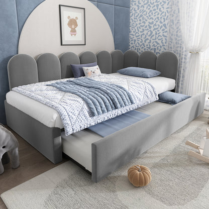 Polsterbett Daybett 90x200cm,Tagesbett Schlafsofa Kinderbett mit Ausziehbett 90x190cm und Lattenrost, Samt, Grau, ohne Matratze