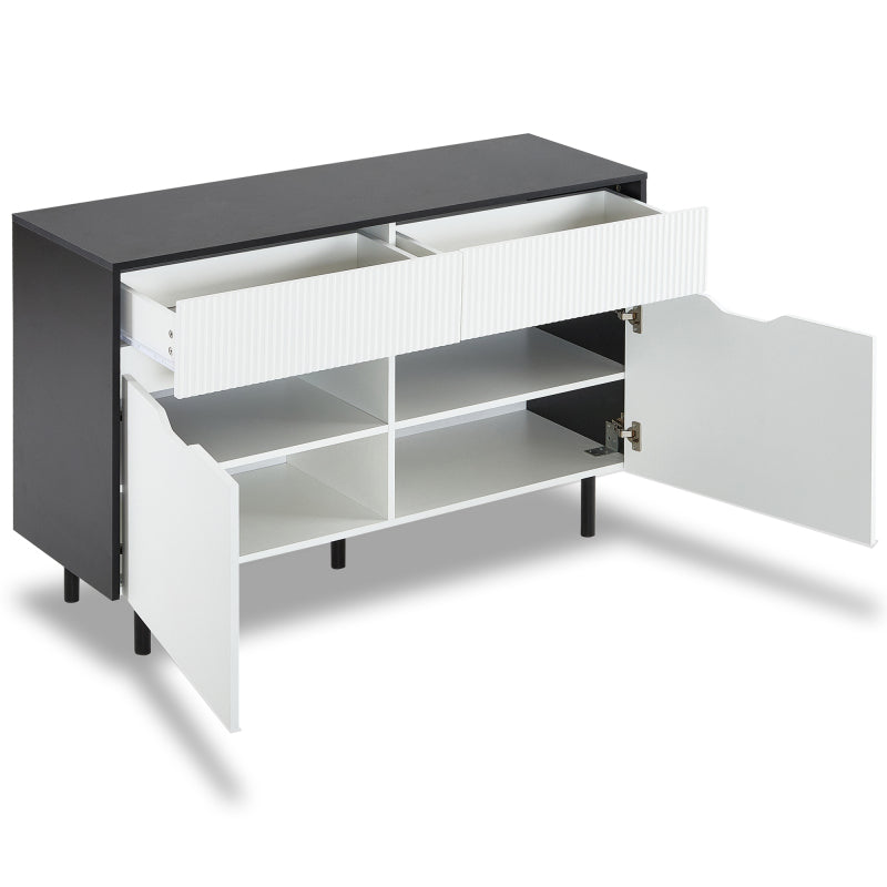 Aufbewahrungsschrank 120cm mit geriffelten Schubladen, schwarz-weißes Design, verstellbare Einlegeböden, 2 Türen, Sideboard-Buffet, Schrank-Organisator für Küche, Wohnzimmer, Esszimmer