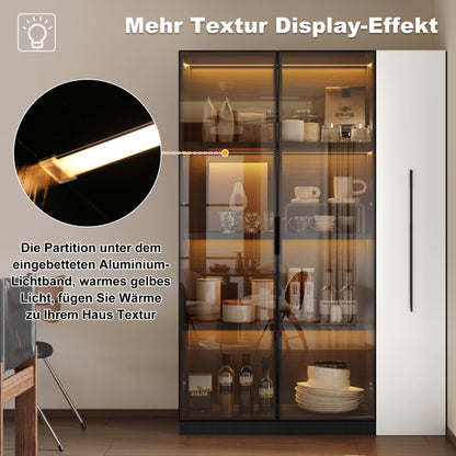 Multifunktionsschrank 110,5x35x160 cm, Schwarz-Weiß: Moderne Vitrine mit Glastür, LED, Seitenauszug, Rollschrank, ideal für Bücher, Bad, Esszimmer.
