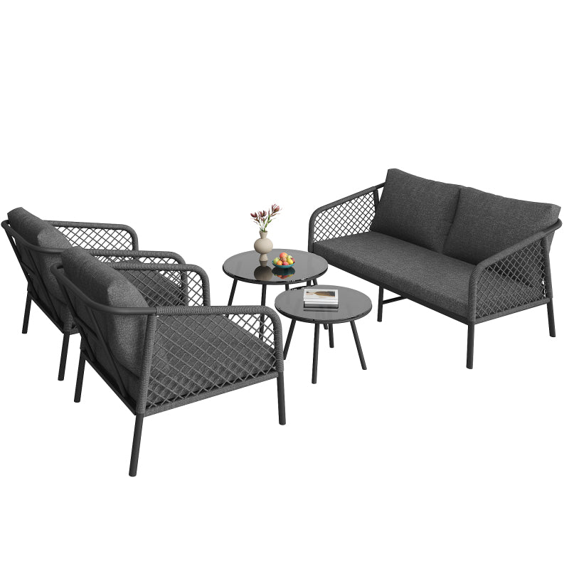 Garten-Lounge-Set, Gartenmöbel-Set aus Seil, Modernes Outdoor-Sofa-Set, graues Seil, Tischplatte aus glattem Glas, inklusive aller Sitz- und Rückenkissen,Loungemöbel, Balkonset , Garten & Terrasse