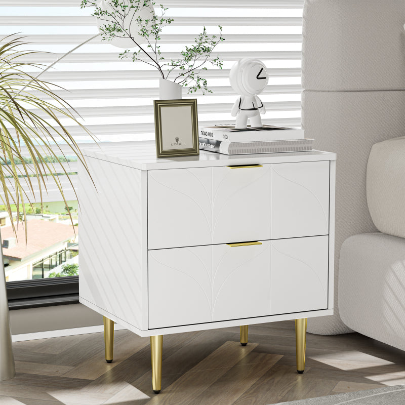 Moderner Nachttisch mit vergoldeten Füßen und Knöpfen, florales Muster, 2er-Set mit 2 Schubladen, lackiert, Ecken mit Anti-Bump-Design, 50B*40T*54H cm, weiß