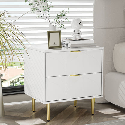 Moderner Nachttisch mit vergoldeten Füßen und Knöpfen, florales Muster, 2er-Set mit 2 Schubladen, lackiert, Ecken mit Anti-Bump-Design, 50B*40T*54H cm, weiß