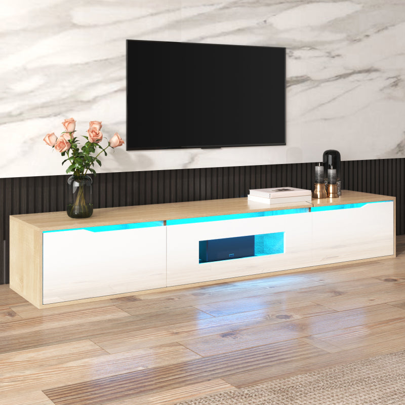 TV-Schrank, Hochglanz-TV-Schrank, farblich passend zu Hochglanz-Weiß und Holzfarbe, mit farbwechselndem LED-Licht.