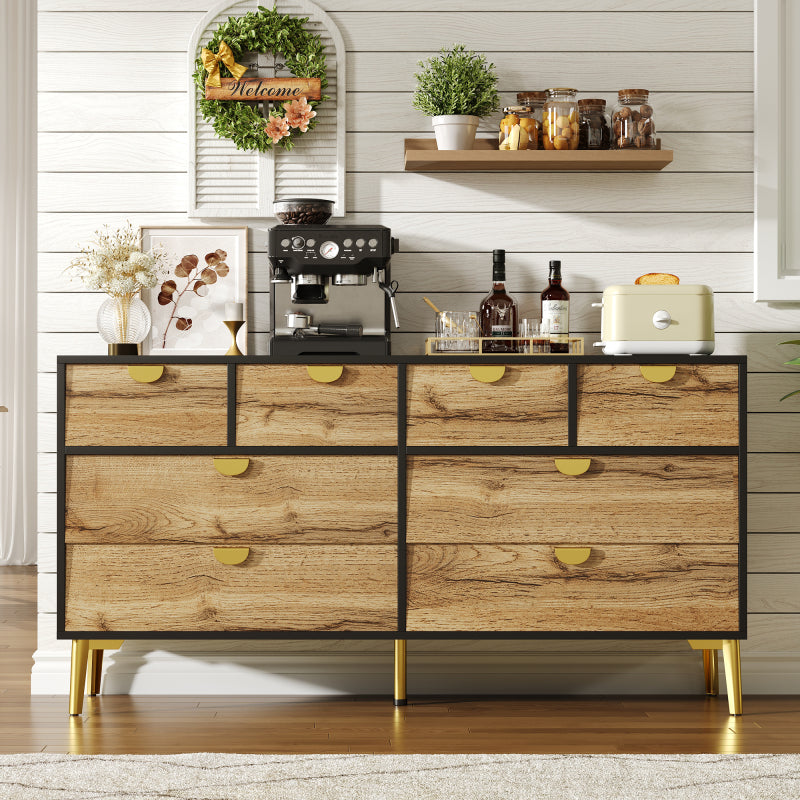 L150*W40*H78cm, Moderne Sideboard mit 8 Schubladen, Schwarz & Holzfarben, Minimalistisches Design, Goldene Metallgriff, Metallfüße, für Wohnzimmer und Esszimmer