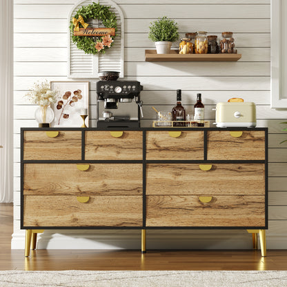 L150*W40*H78cm, Moderne Sideboard mit 8 Schubladen, Schwarz & Holzfarben, Minimalistisches Design, Goldene Metallgriff, Metallfüße, für Wohnzimmer und Esszimmer