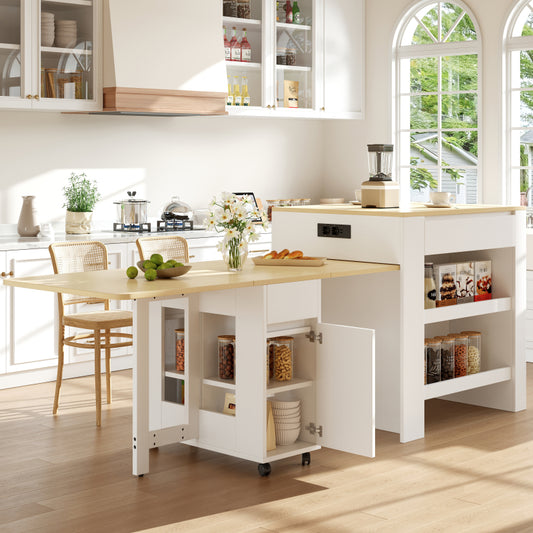 Ausziehbarer Bartisch mit Stauraum(110-124×78×97.5cm), für 2-6 Personen, Kücheninseln mit 2 Schubladen, 2 seitliche offene Regale und eingebaute Steckdose,Tischplatte aus weiß marmoriertem MDF,Weiß